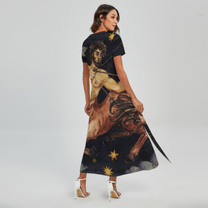 Watercolor Sagittarius Zodiac Sign Print Short Sleeve Maxi Dress