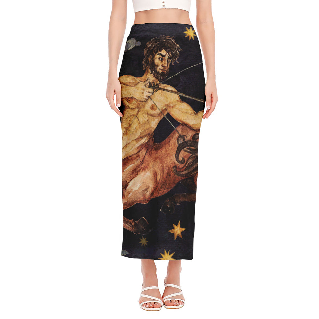 Watercolor Sagittarius Zodiac Sign Print Side Slit Maxi Skirt