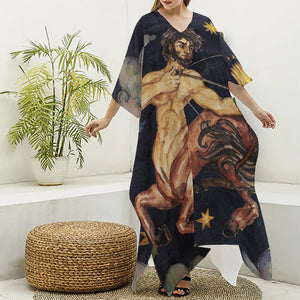 Watercolor Sagittarius Zodiac Sign Print Silk V-Neck Kaftan Dress