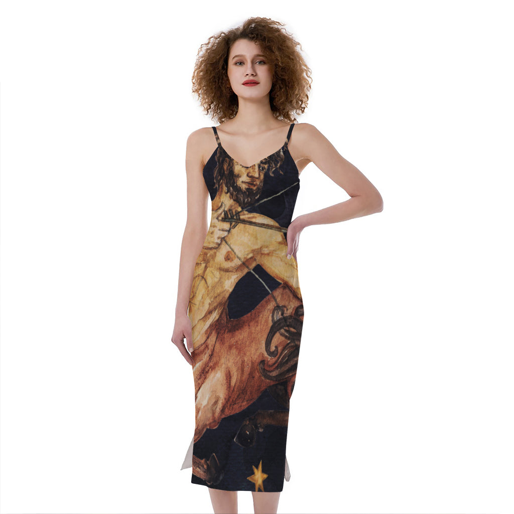 Watercolor Sagittarius Zodiac Sign Print Slim Fit Midi Cami Dress