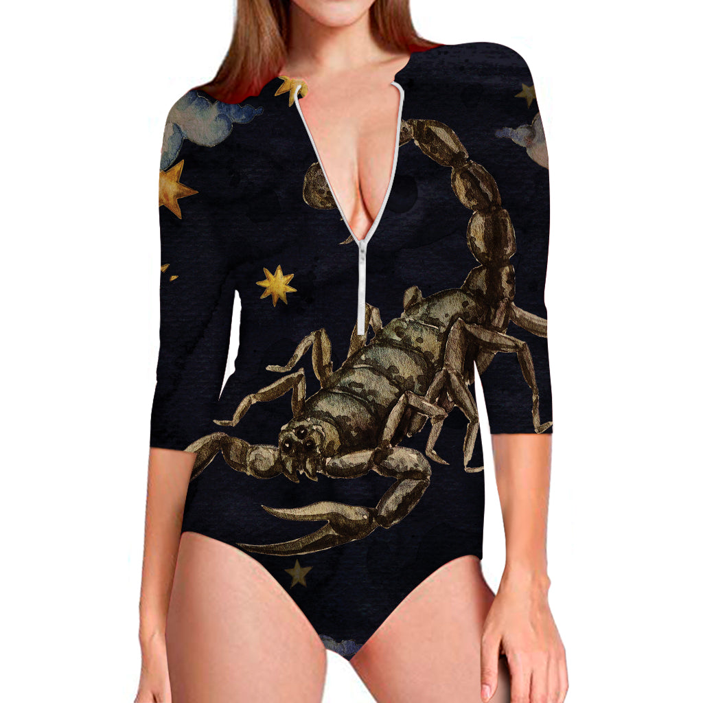 Watercolor Scorpio Zodiac Sign Print Long Sleeve Swimsuit