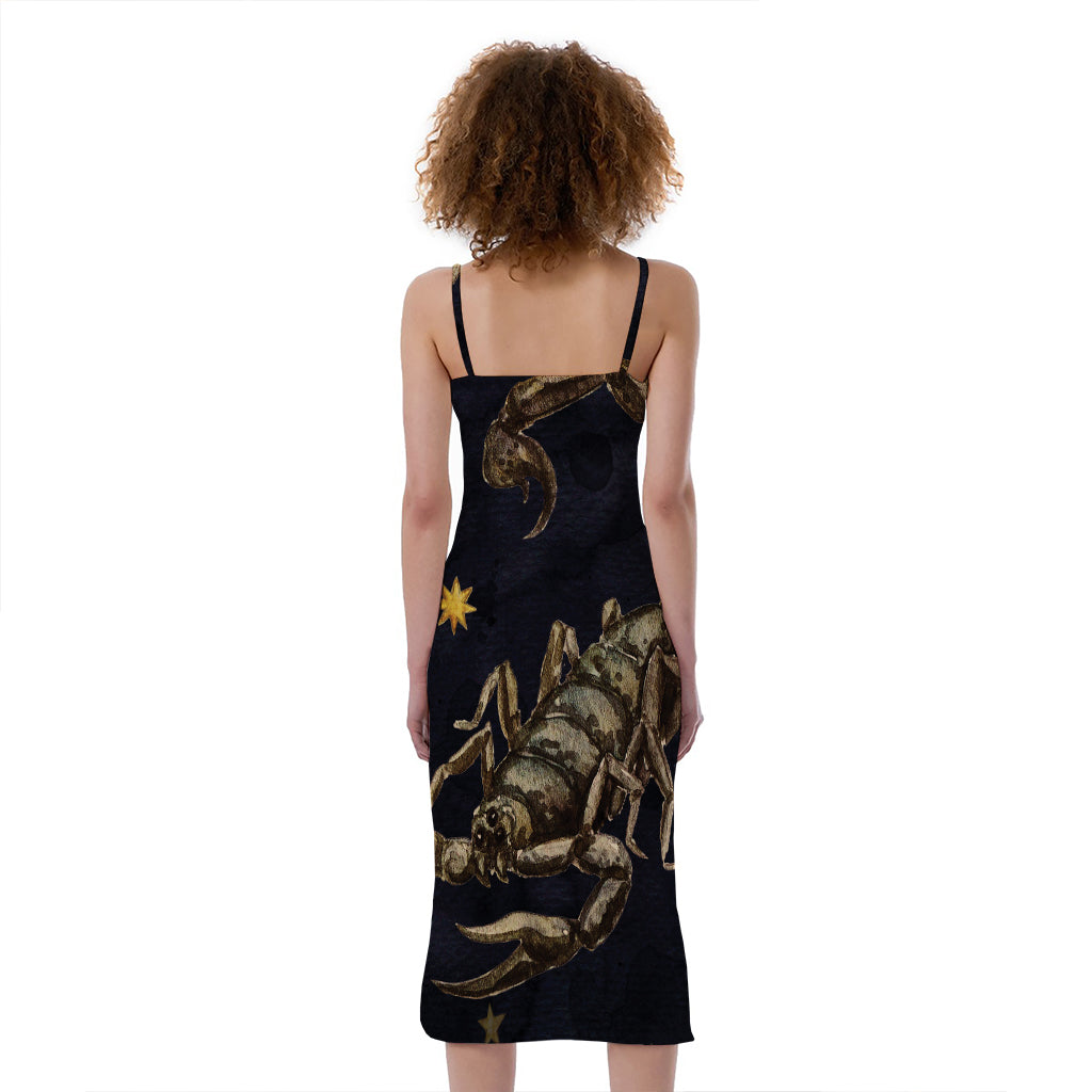 Watercolor Scorpio Zodiac Sign Print Slim Fit Midi Cami Dress