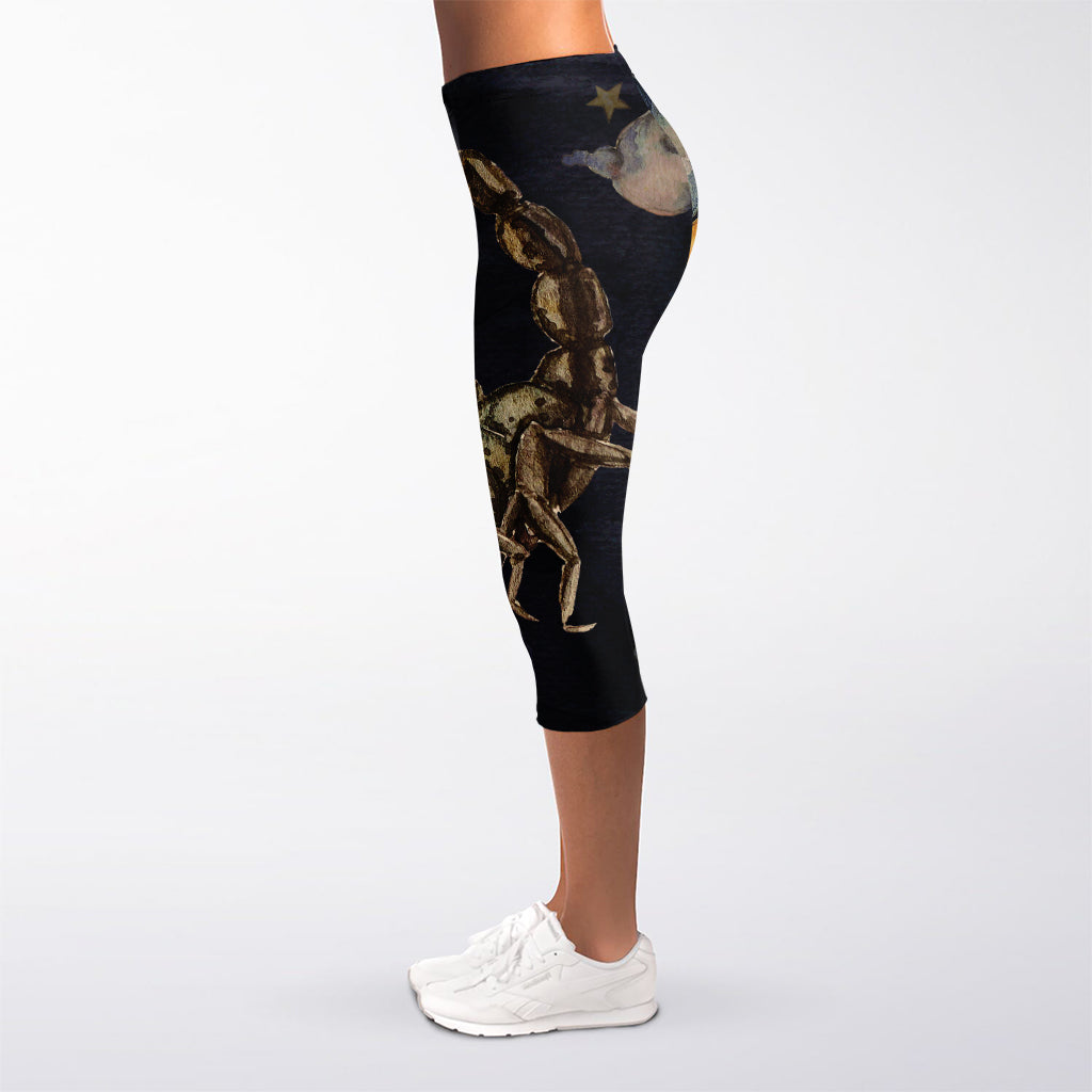 Watercolor Scorpio Zodiac Sign Print Women's Capri Leggings
