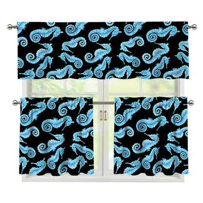 Watercolor Seahorse Pattern Print 3 Piece Kitchen Curtains