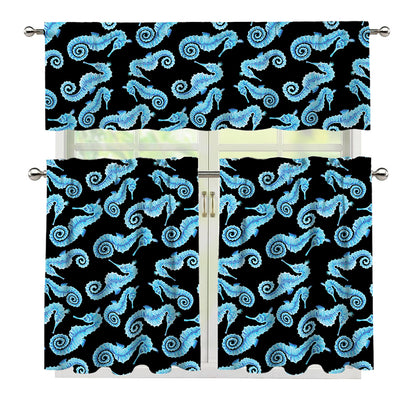 Watercolor Seahorse Pattern Print 3 Piece Kitchen Curtains