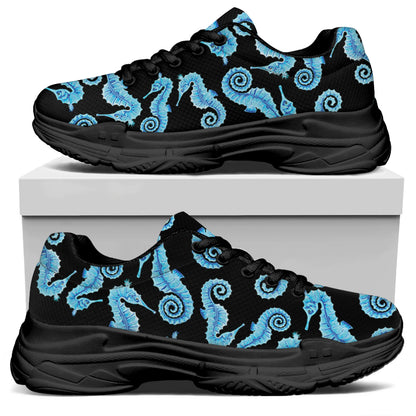 Watercolor Seahorse Pattern Print Black Chunky Shoes