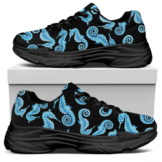 Watercolor Seahorse Pattern Print Black Chunky Shoes
