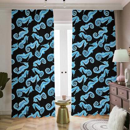 Watercolor Seahorse Pattern Print Blackout Pencil Pleat Curtains