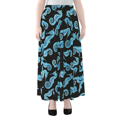 Watercolor Seahorse Pattern Print Chiffon Maxi Skirt