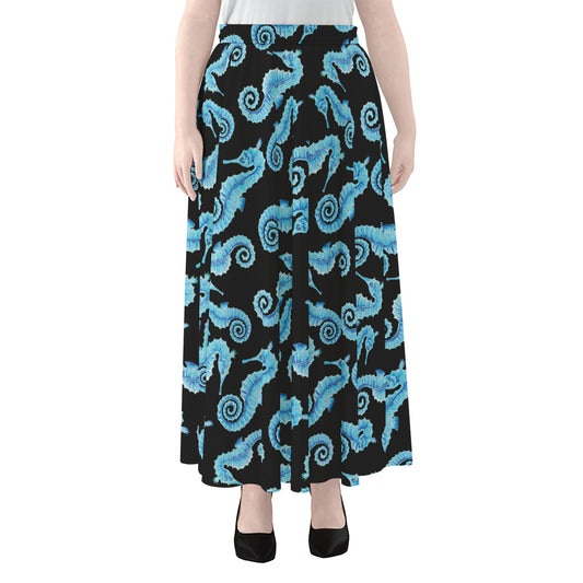 Watercolor Seahorse Pattern Print Chiffon Maxi Skirt