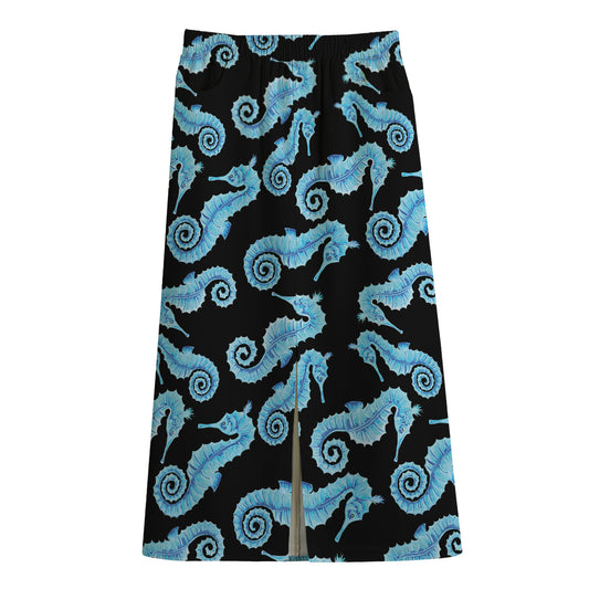 Watercolor Seahorse Pattern Print Cotton Front Slit Maxi Skirt