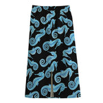 Watercolor Seahorse Pattern Print Cotton Front Slit Maxi Skirt