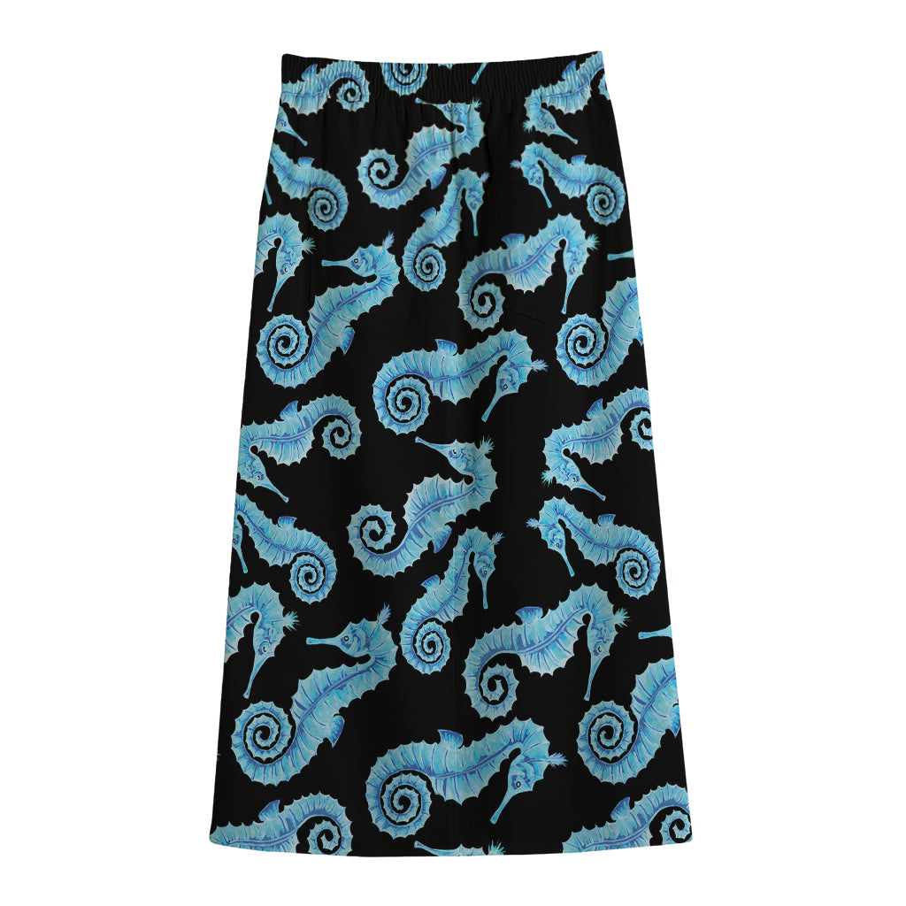 Watercolor Seahorse Pattern Print Cotton Front Slit Maxi Skirt