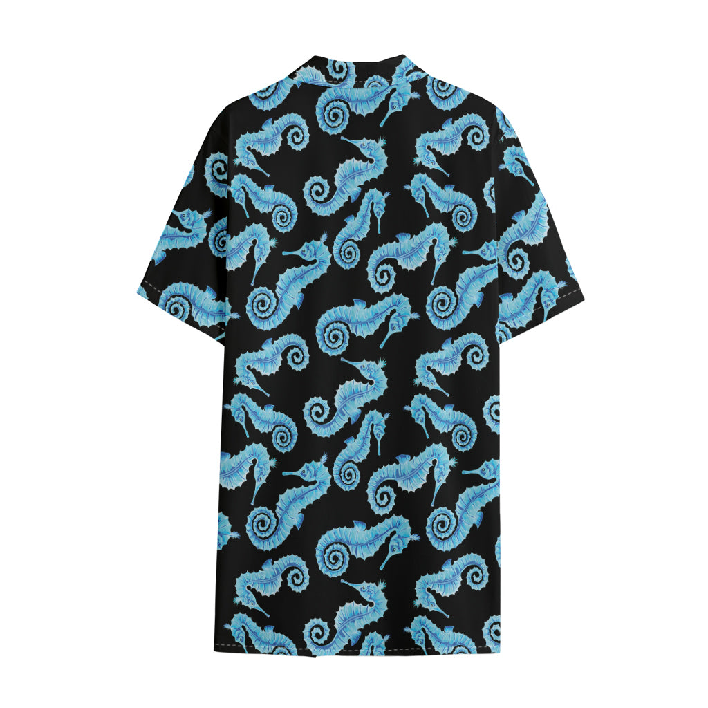 Watercolor Seahorse Pattern Print Cotton Hawaiian Shirt