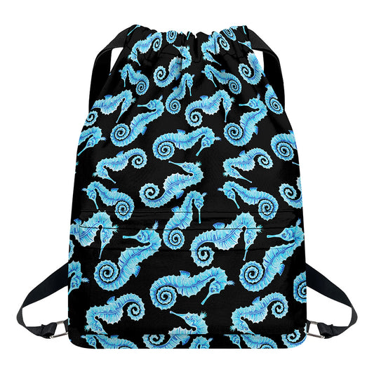 Watercolor Seahorse Pattern Print Drawstring Backpack