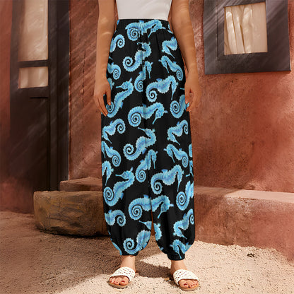 Watercolor Seahorse Pattern Print Harem Pants