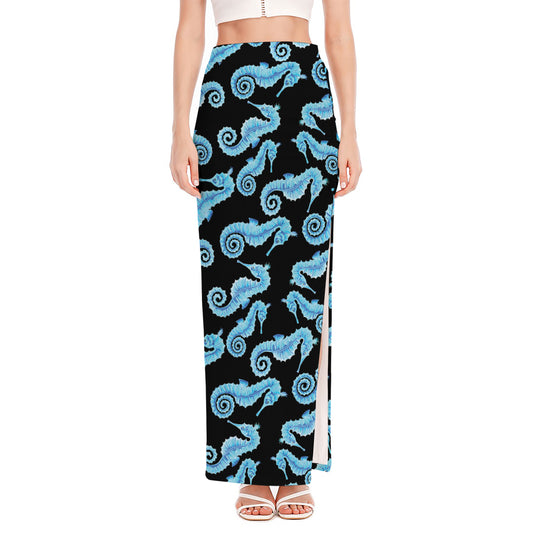 Watercolor Seahorse Pattern Print High Slit Maxi Skirt
