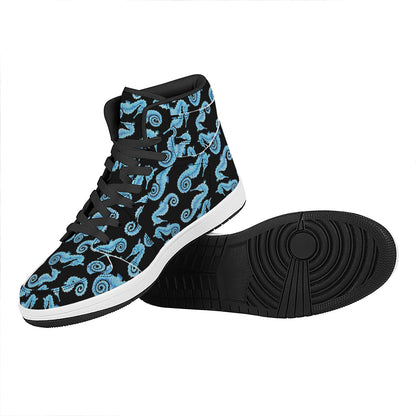 Watercolor Seahorse Pattern Print High Top Leather Sneakers