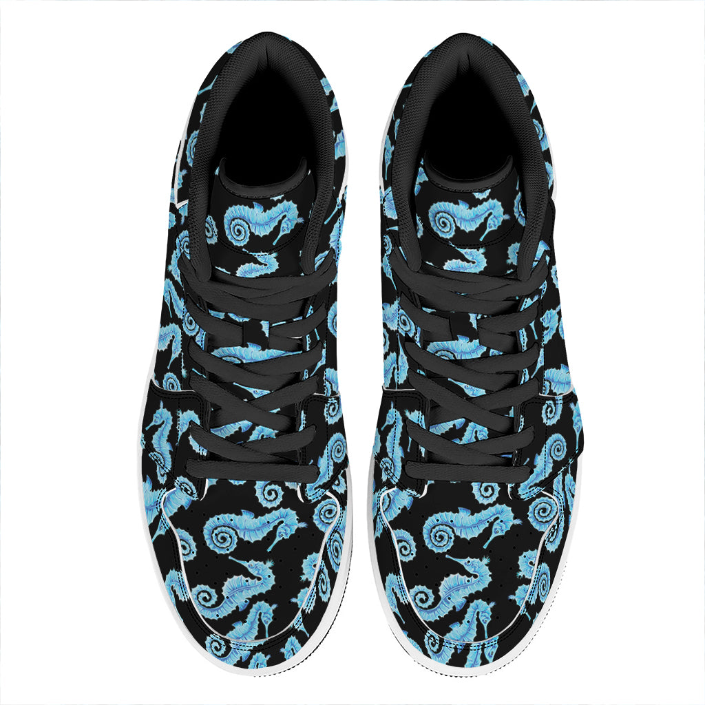 Watercolor Seahorse Pattern Print High Top Leather Sneakers