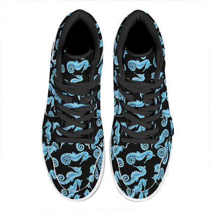 Watercolor Seahorse Pattern Print High Top Leather Sneakers