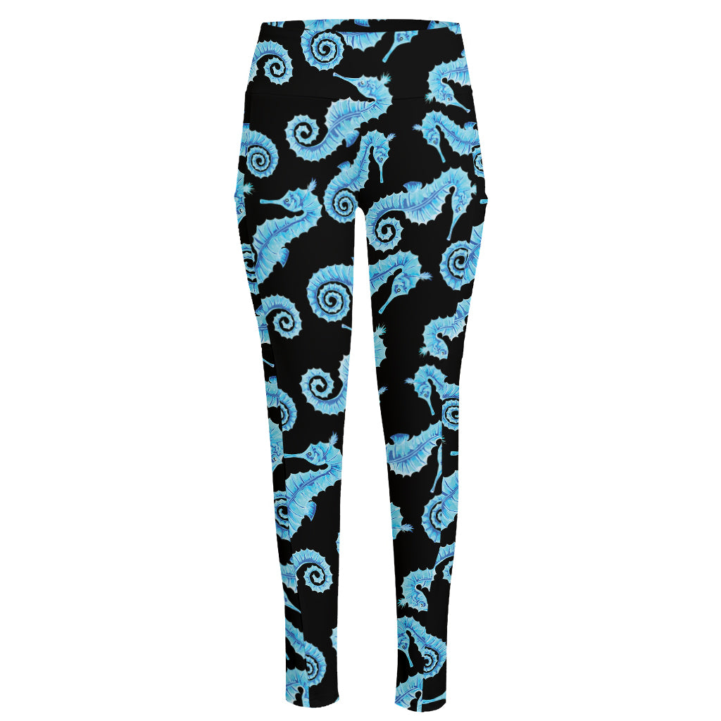 Watercolor Seahorse Pattern Print High-Waisted Pocket Leggings