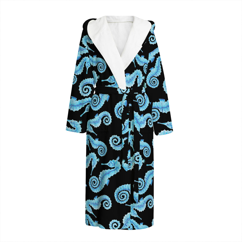 Watercolor Seahorse Pattern Print Hooded Bathrobe