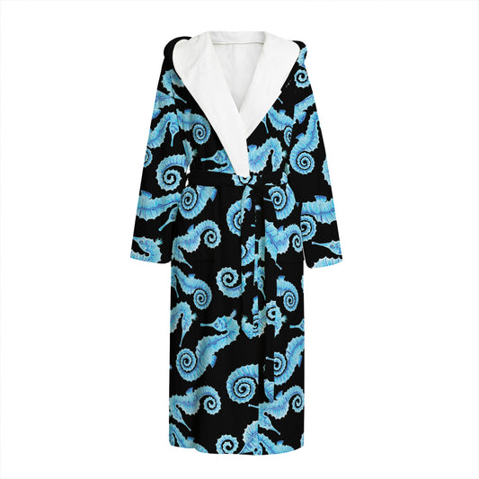 Watercolor Seahorse Pattern Print Hooded Bathrobe