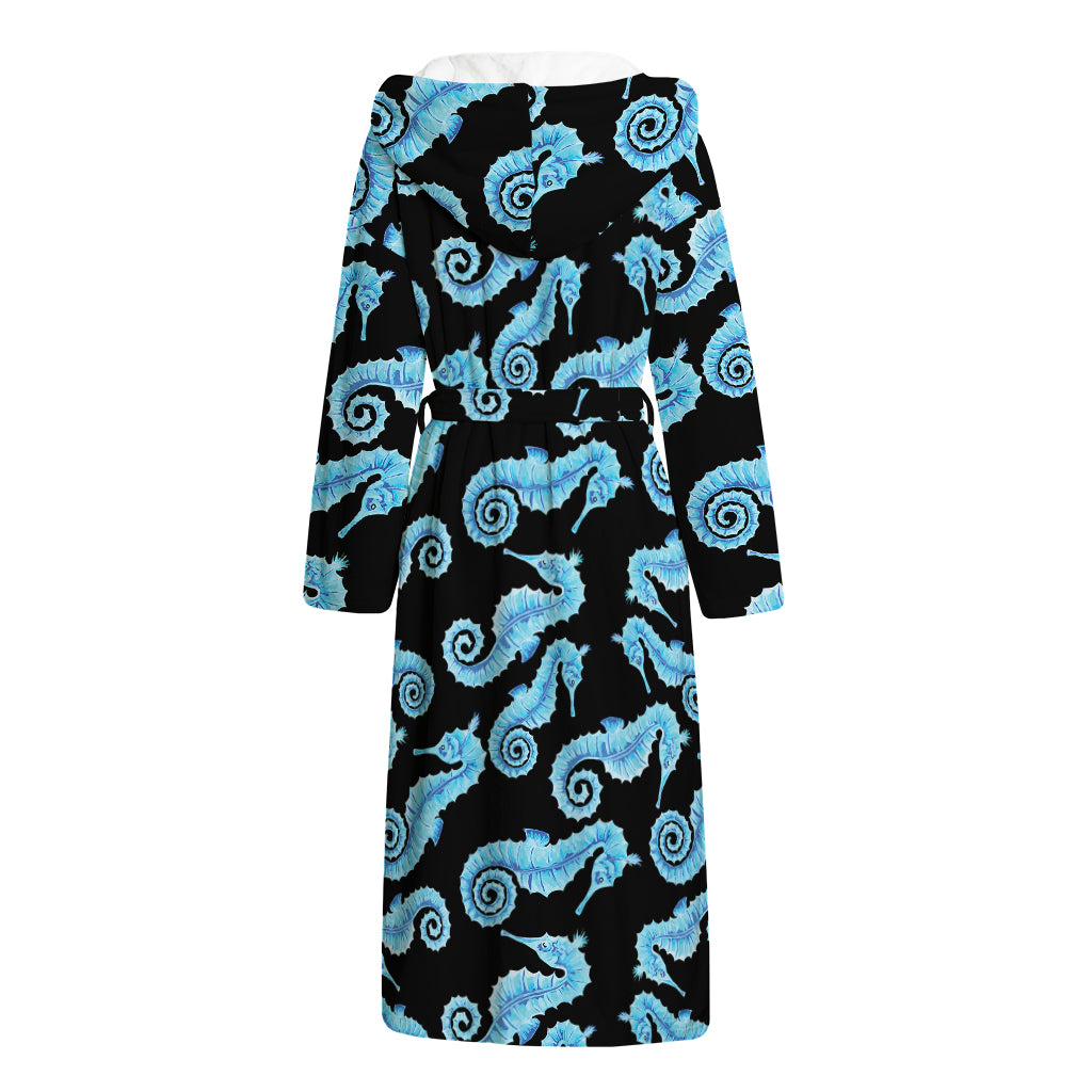 Watercolor Seahorse Pattern Print Hooded Bathrobe