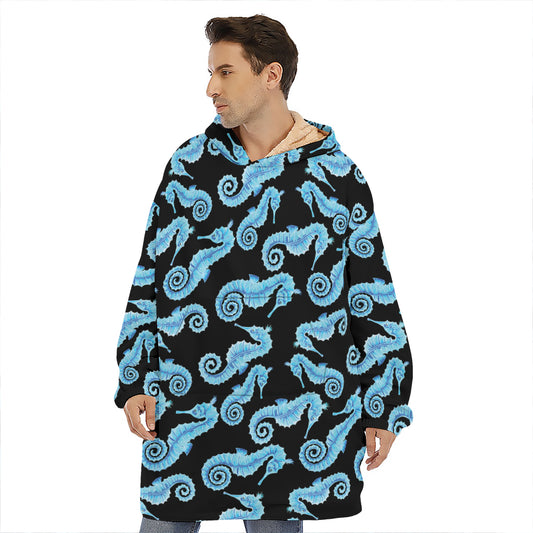 Watercolor Seahorse Pattern Print Hoodie Blanket