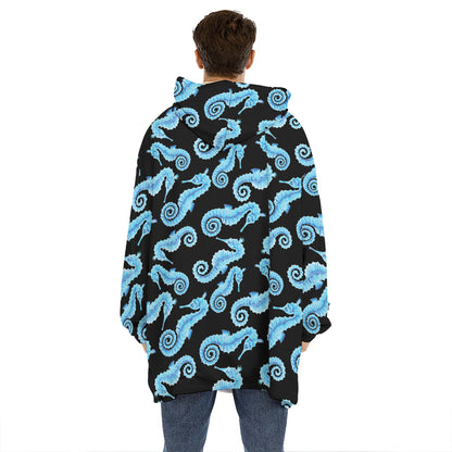 Watercolor Seahorse Pattern Print Hoodie Blanket