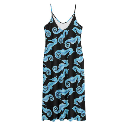 Watercolor Seahorse Pattern Print Jersey Midi Cami Dress