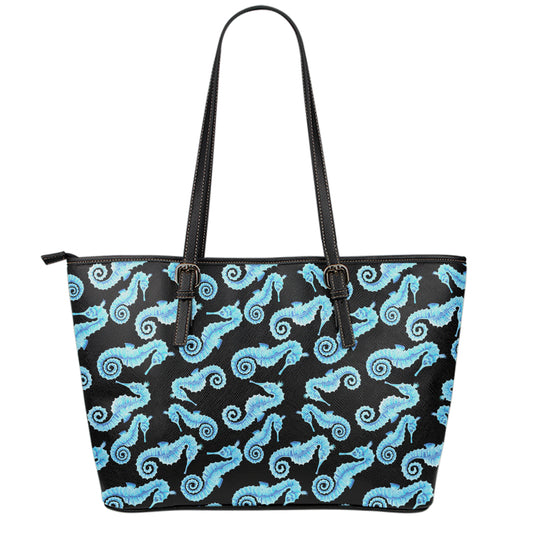 Watercolor Seahorse Pattern Print Leather Tote Bag