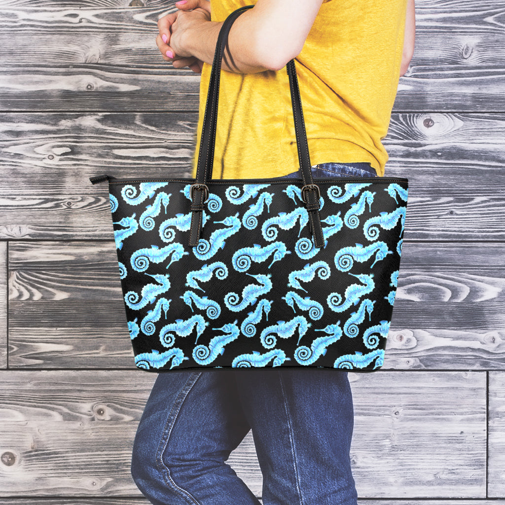 Watercolor Seahorse Pattern Print Leather Tote Bag