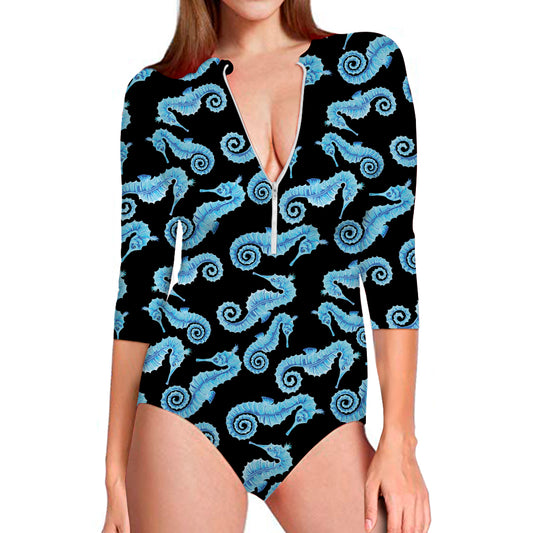 Watercolor Seahorse Pattern Print Long Sleeve Swimsuit
