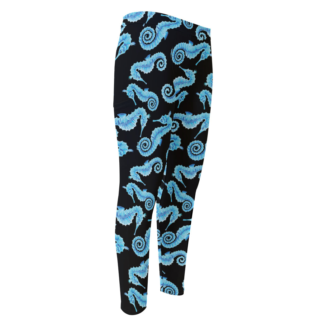 Watercolor Seahorse Pattern Print Men's Compression Pants