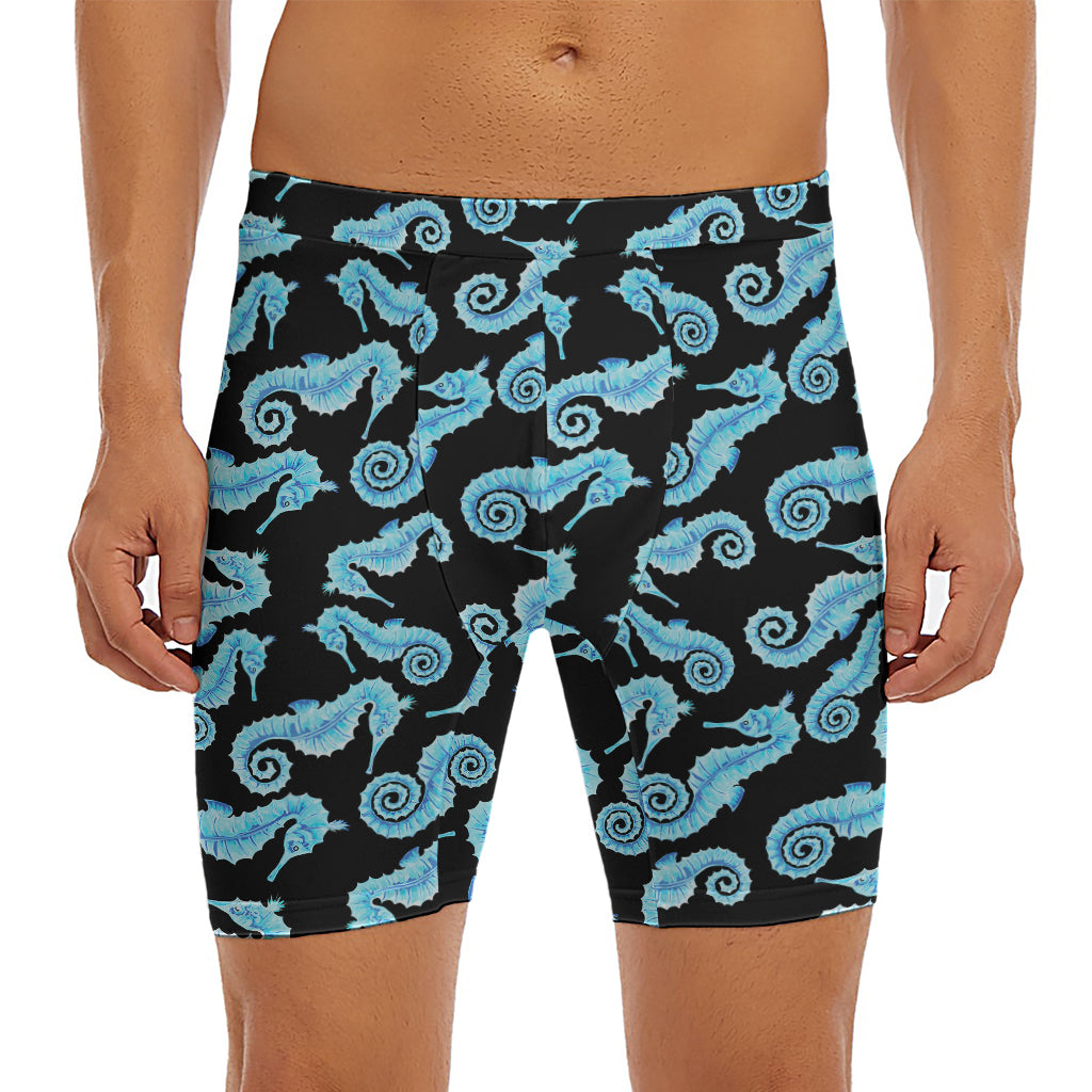 Watercolor Seahorse Pattern Print Men's Long Boxer Briefs