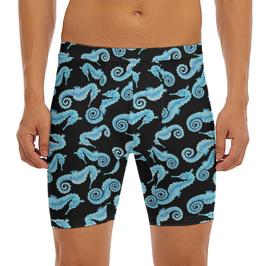 Watercolor Seahorse Pattern Print Men's Long Boxer Briefs