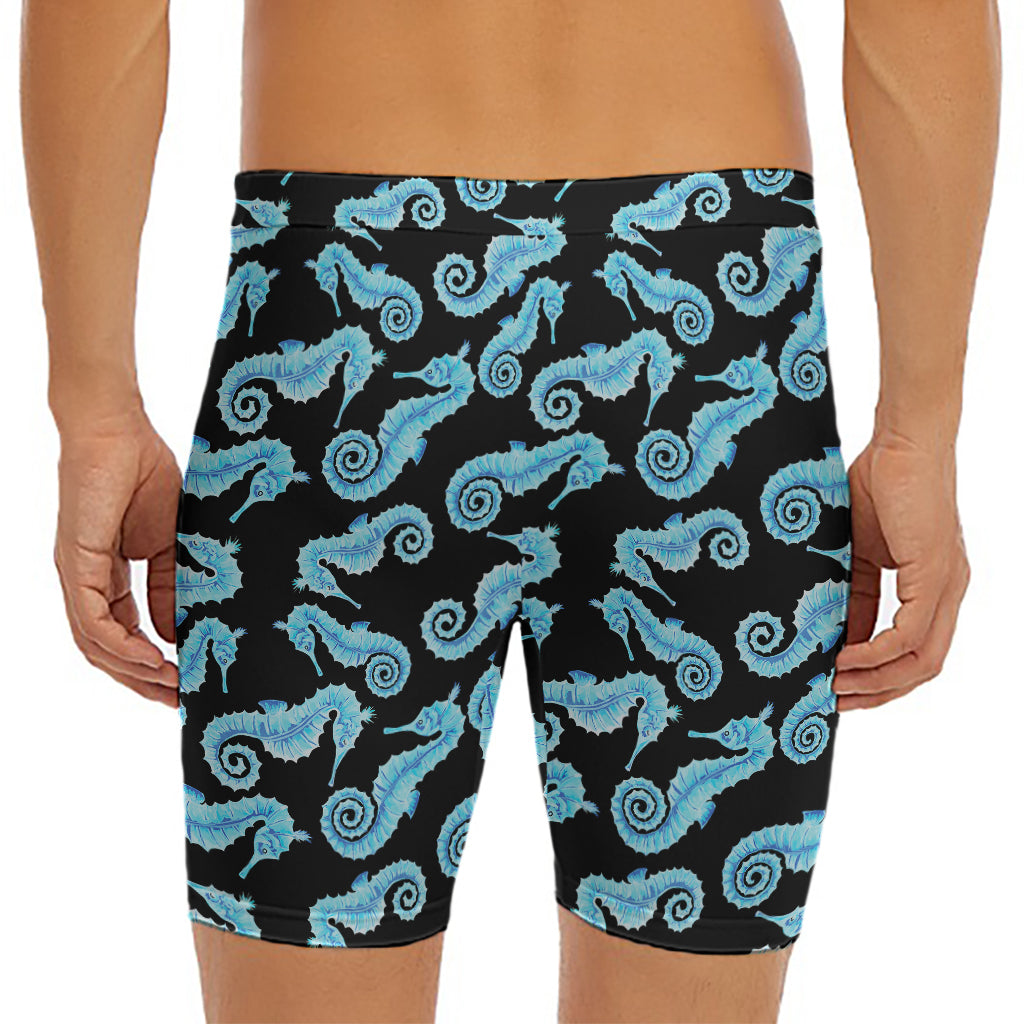 Watercolor Seahorse Pattern Print Men's Long Boxer Briefs