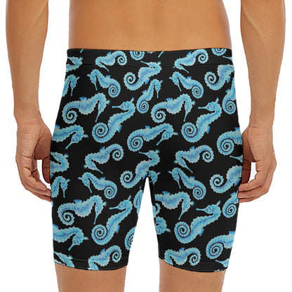 Watercolor Seahorse Pattern Print Men's Long Boxer Briefs