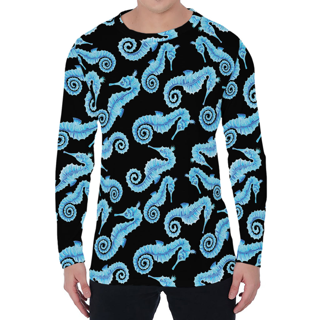 Watercolor Seahorse Pattern Print Men's Long Sleeve T-Shirt