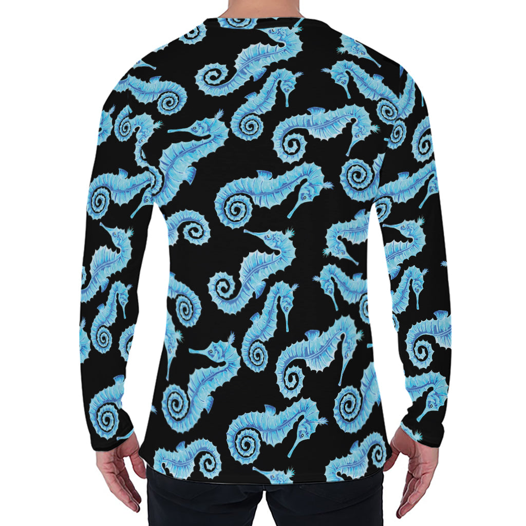 Watercolor Seahorse Pattern Print Men's Long Sleeve T-Shirt