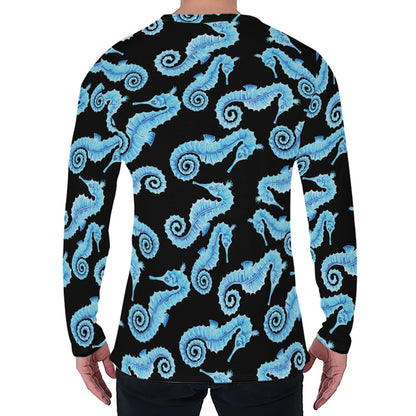 Watercolor Seahorse Pattern Print Men's Long Sleeve T-Shirt