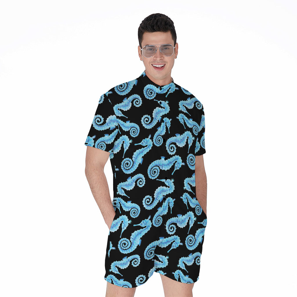 Watercolor Seahorse Pattern Print Men's Rompers