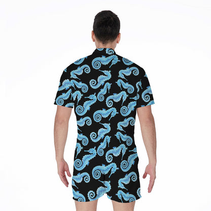 Watercolor Seahorse Pattern Print Men's Rompers