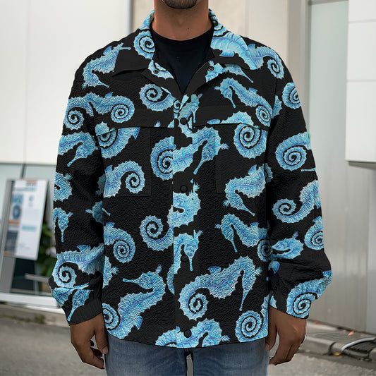 Watercolor Seahorse Pattern Print Men's Shirt Jacket
