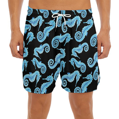Watercolor Seahorse Pattern Print Men's Split Running Shorts