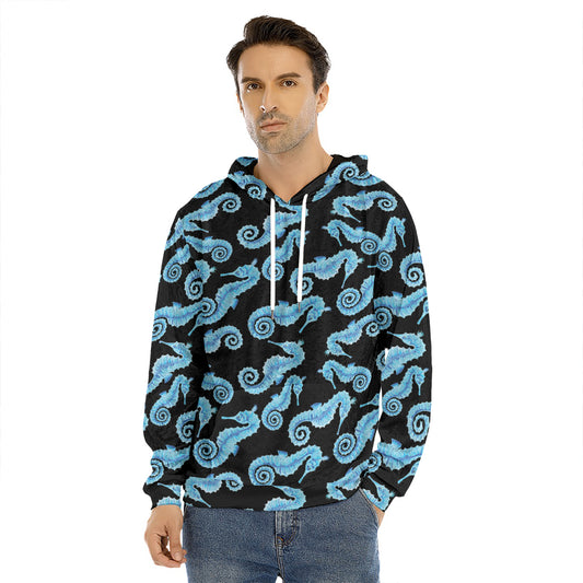 Watercolor Seahorse Pattern Print Men's Velvet Pullover Hoodie