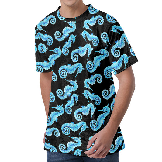 Watercolor Seahorse Pattern Print Men's Velvet T-Shirt