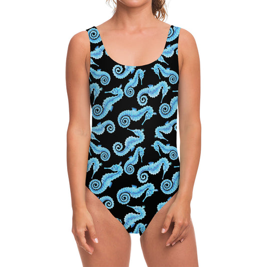 Watercolor Seahorse Pattern Print One Piece Swimsuit