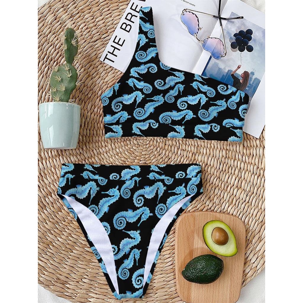 Watercolor Seahorse Pattern Print One Shoulder Bikini Top